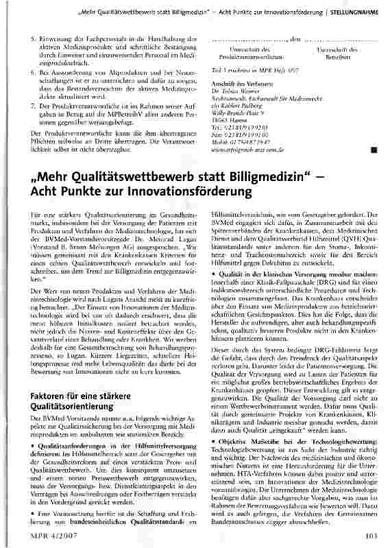 Vorschauseite 1: „Mehr Qualitätswettbewerb statt Billigmedizin -Acht Punkte zur Innovationsförderung