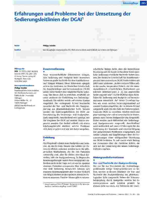 Vorschauseite 1: Erfahrungen und Probleme bei der Umsetzung der Sedierungsleitlinien der DGAI