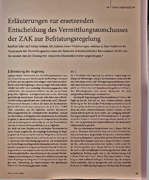 Vorschauseite 1: Erläuterungen zur ersetzenden Entscheidung des Vermittlungsausschusses der ZAK zur Befristungsregelung