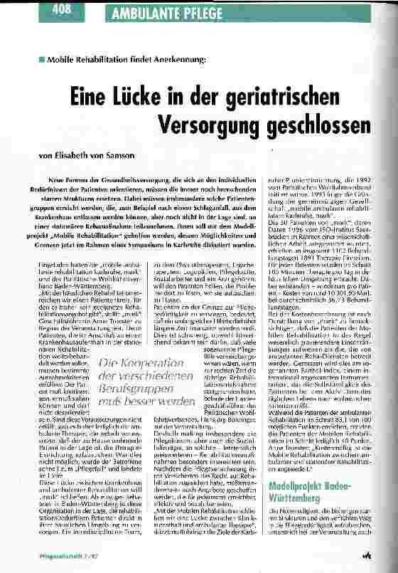 Vorschauseite 1: Eine Lücke in der geriatrischen Versorgung geschlossen Mobile Rehabilitation findet Anerkennung