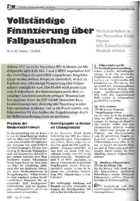 Vorschauseite 1: Vollständige Finanzierung über Fallpauschalen Modellvorhaben der Paracelsus Klinik Hemer läßt Zukunftsvision Realität werden