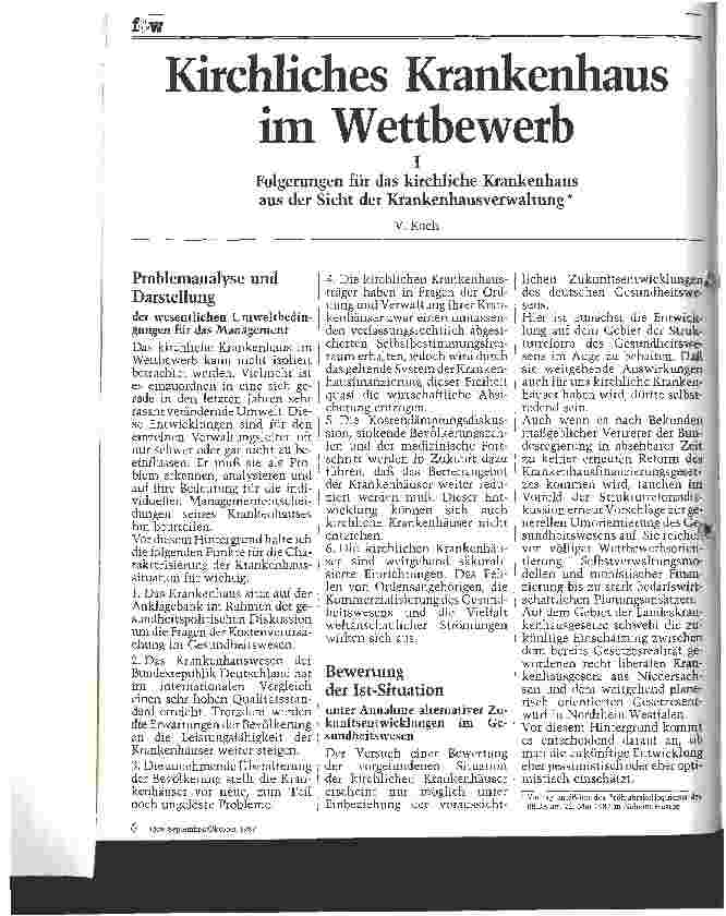 Vorschauseite 1: Kirchliches Krankenhaus im Wettbewerb Folgerungen für das kirchliche Krankenhaus aus der Sicht der Krankenhausverwaltung