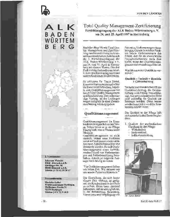 Vorschauseite 1: Total Quality Management-Zertifizierung Fortbildungstagung der ALK Baden-Württemberg e. V. am 24. und 25. April 1997 in Herrenberg