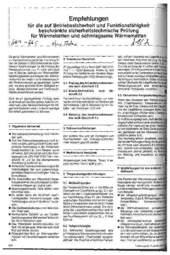 Vorschauseite 1: Empfehlung f.d.a. Betriebssicherheit u. Funktionsfähigkeit beschränkte sicherheitstechnische Prüfung f.Wärmebetten u.schmiegsamen Wärmematten