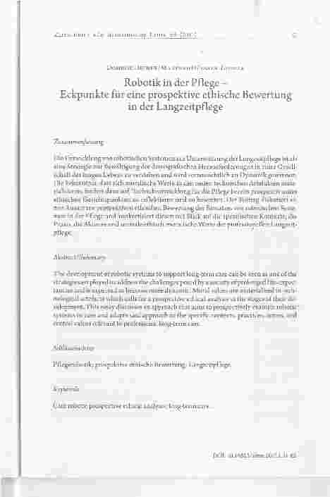 Vorschauseite 1: Robotik in der Pflege Eckpunkte für eine prospektive ethische Bewertung in der Langzeitpflege