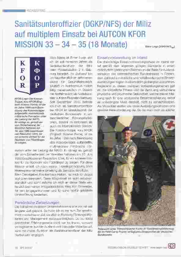 Vorschauseite 1: Sanitätsunteroffizier (DGKP/NFS) der Miliz auf muitiplem Einsatz bei AUTCON KFOR MISSION 33 - 34 - 35 (18 Monate)