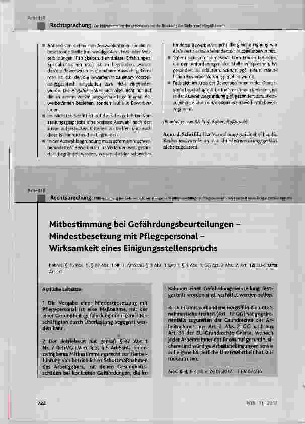 Vorschauseite 1: Mitbestimmung bei Gefährdungsbeurteilungen Mindestbesetzung mit Pflegepersonal Wirksamkeit eines Einigungsstellenspruchs