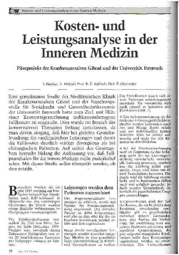Vorschauseite 1: Kostenund Leistungsanalyse in der Inneren Medizin Polotprojekt der Krankenanstalten Gilead und der Universität Bayreuth