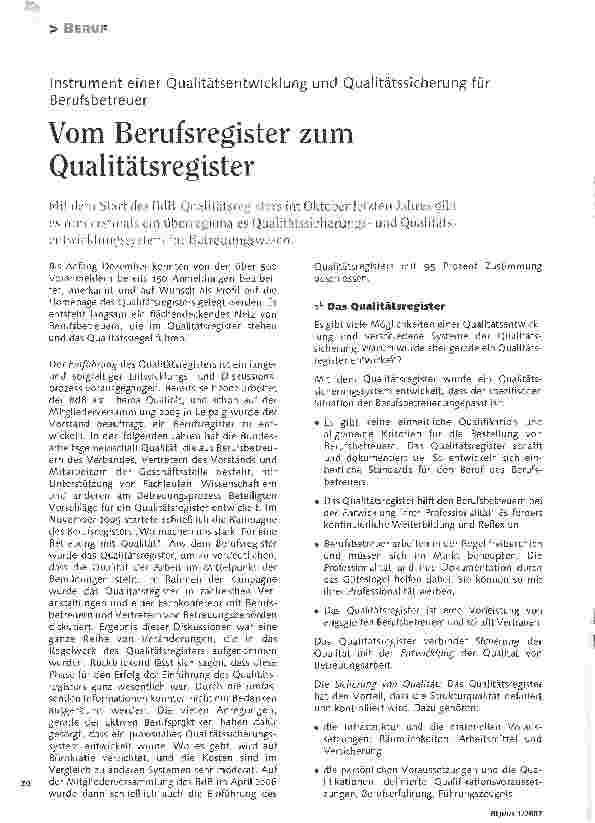 Vorschauseite 1: Vom Berufsregister zum Qualitätsregister