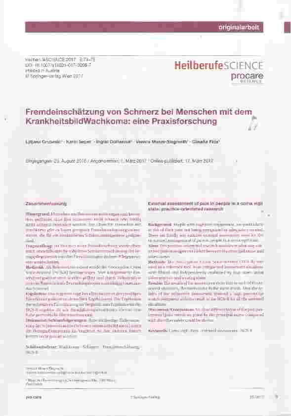 Vorschauseite 1: Fremdeinschätzung von Schmerz bei Menschen mit dem KrankheitsbildWachkoma: eine Praxisforschung