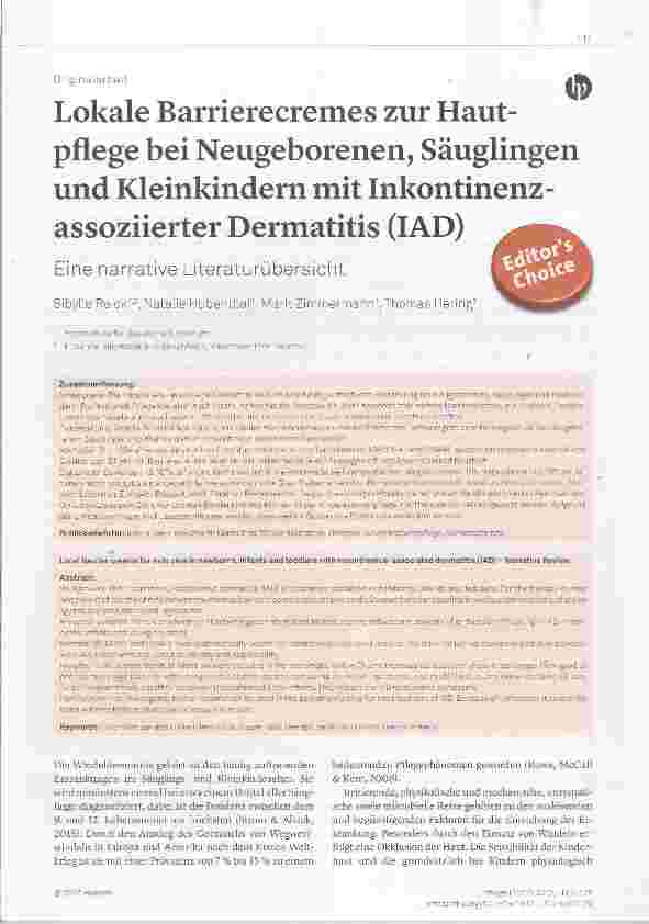 Vorschauseite 1: Lokale Bamerecremes zur Hautpflege bei Neugeborenen, Säuglingen und Kleinkindern mit Inkontinenzassoziierter Dermatitis (lAD)