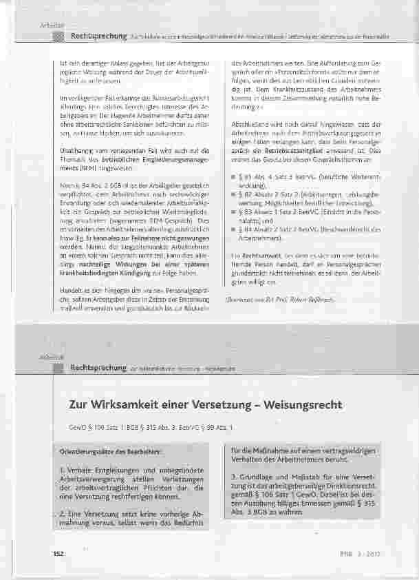 Vorschauseite 1: Zur Wirksamkeit einer Versetzung Weisungsrecht