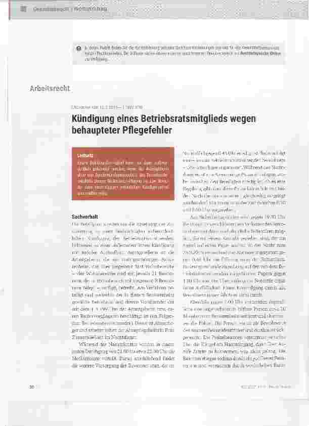 Vorschauseite 1: Kündigung eines Betriebsratsmitgiieds wegen behaupteter Pflegefehier