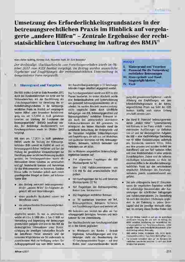 Vorschauseite 1: Umsetzung des Erforderlichkeitsgrundsatzes in der betreuungsrechtlichen Praxis im Hinblick auf vorgelagerte „andere Hilfen“ Zentrale Ergebnisse der rechtstatsächlichen Untersuchun…