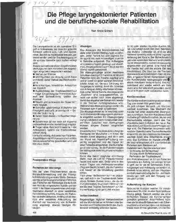 Vorschauseite 1: Die Pflege laryngektomierter Patienten und die beruflich-soziale Rehabilitation