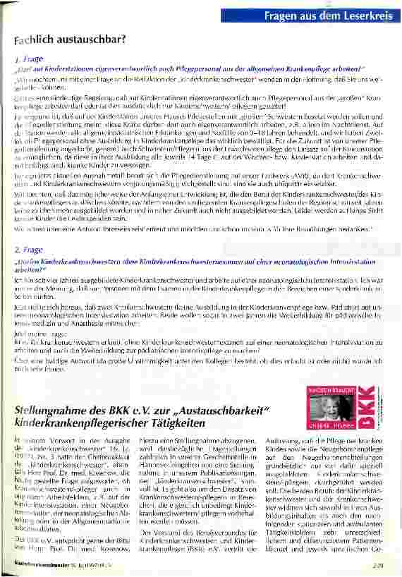 Vorschauseite 1: Fachlich austauschbar? Stellungnahme des BKK e. V. zur Austauschbarkeit kinderkrankenpflegerischer Tätigkeiten