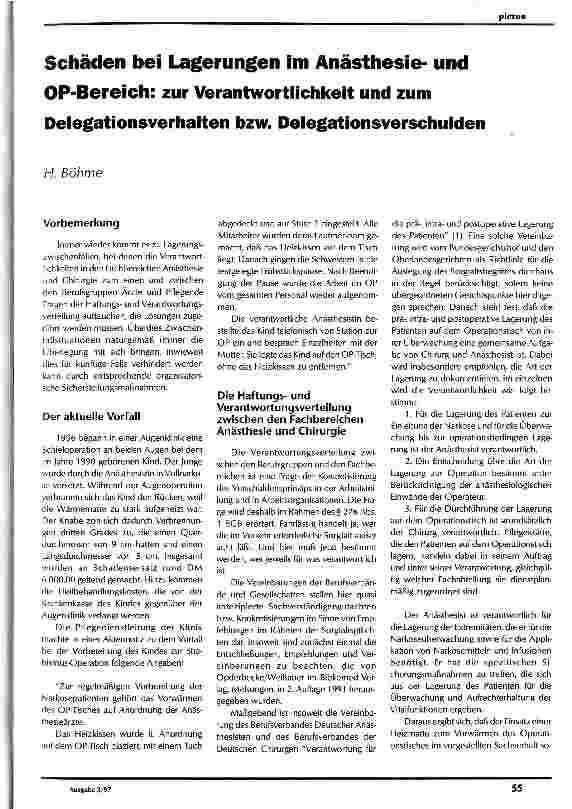 Vorschauseite 1: Schäden bei Lagerungen im Anästhesieund OP-Bereich: zur Verantwortlichkeit und zum Delegationsverhalten bzwe. Delegationsverschulden