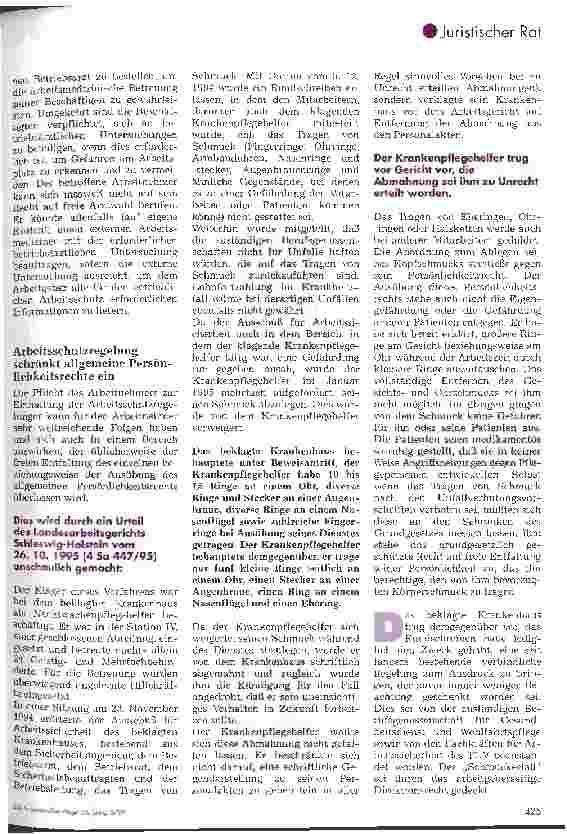 Vorschauseite 2: Schmuck - ein Abmahnungsoder Kündigungsgrund? Urteil des LAG Schleswig-Hostein vom 26. 11. 95 (4 Sa 447/95)