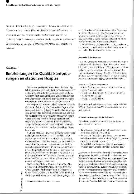 Vorschauseite 1: Empfehlungen für Qualitätsanforderungen an stationäre Hospize