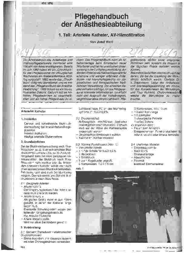 Vorschauseite 1: Pflegehandbuch der Anästhesieabteilung Teil 1: Arterielle Katheter, AV Hämofiltration