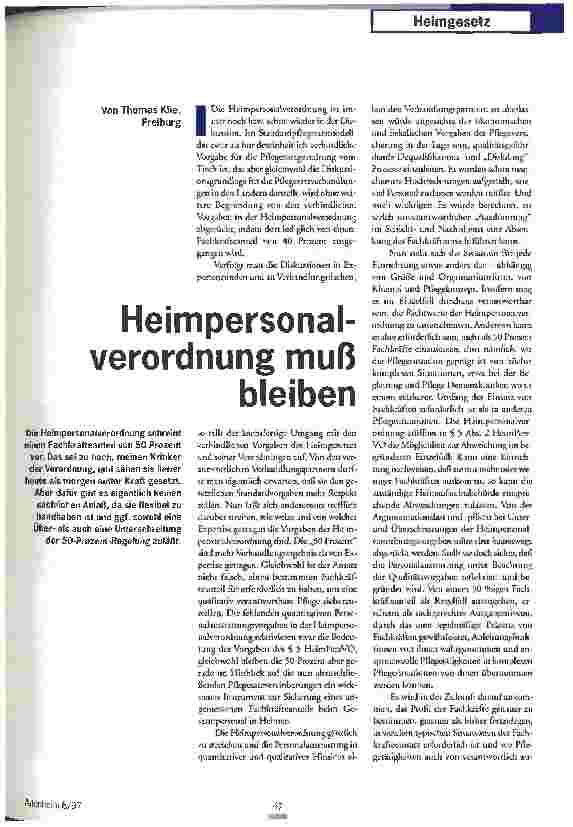 Vorschauseite 1: Heimpersonalverordnung muß bleiben