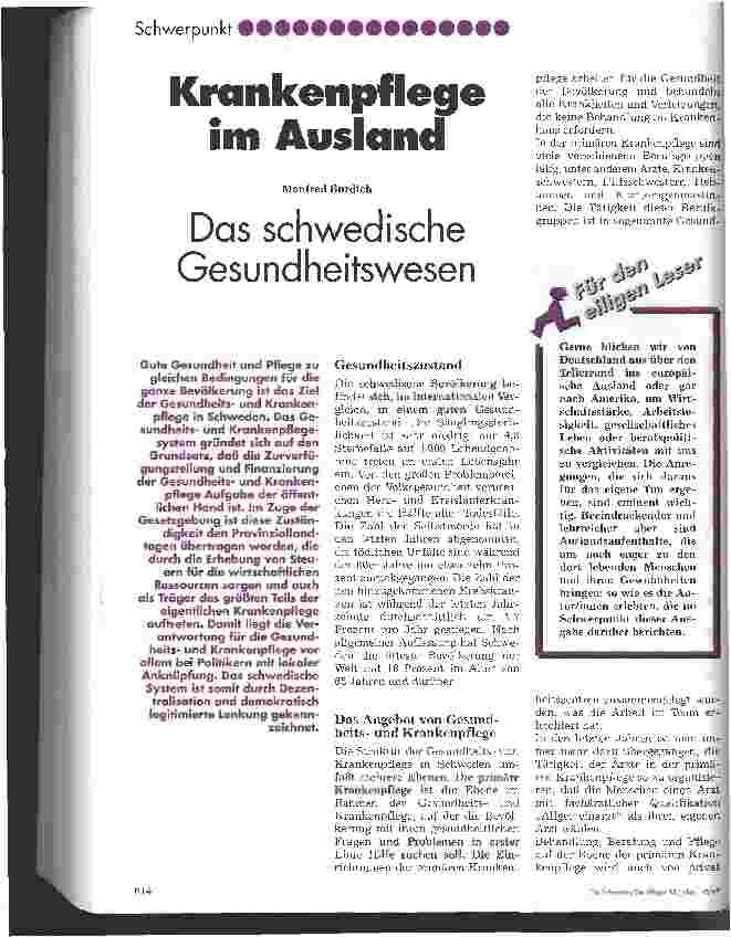 Vorschauseite 1: Krankenpflege im Ausland Das schwedische Gesundheitswesen