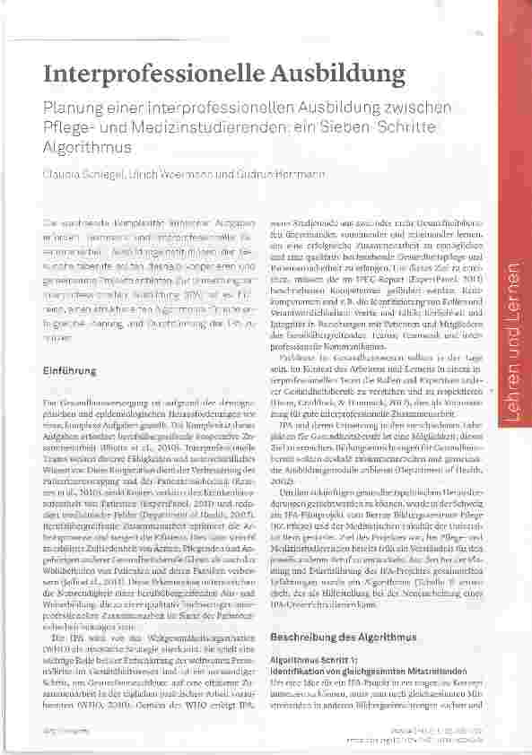 Vorschauseite 1: Interprofessionelle Ausbildung Planung einer interprofessioneiien Ausbildung zwischenPflegeund Medizinstudierenden: ein Sieben-Schritte-Algorithmus