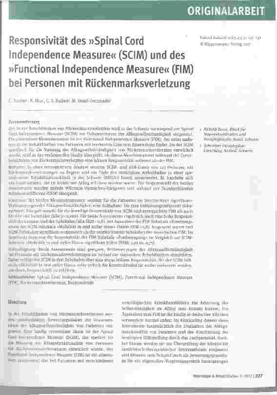 Vorschauseite 1: Responsivität des »Spinal Cord Independence Measure« (SCIM) und des »Functional Independence Measure« (FIM) bei Personen mit Rückenmarksverletzung