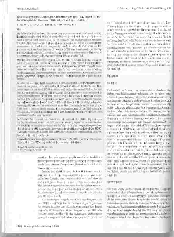 Vorschauseite 2: Responsivität des »Spinal Cord Independence Measure« (SCIM) und des »Functional Independence Measure« (FIM) bei Personen mit Rückenmarksverletzung