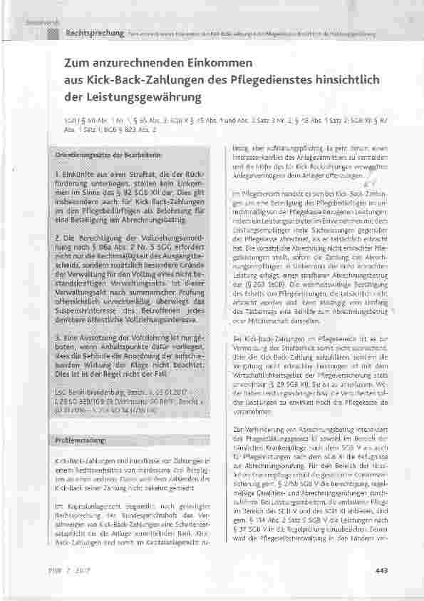 Vorschauseite 1: Zum anzurechnenden Einkommen aus Kick-Back-Zahlungen des Pflegedienstes hinsichtlichder Leistungsgewährung
