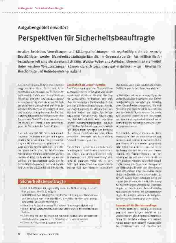 Vorschauseite 1: Aufgabengebiet erweitert Perspektiven für Sicherheitsbeauftragte