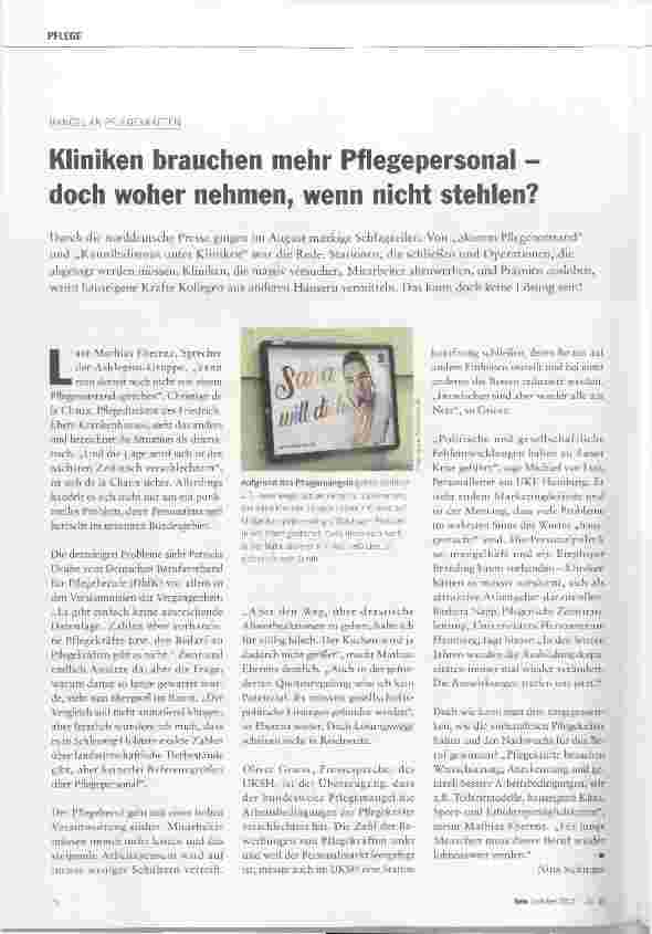 Vorschauseite 1: Kliniken brauchen mehr Pflegepersonal doch woher nehmen, wenn nicht stehlen?