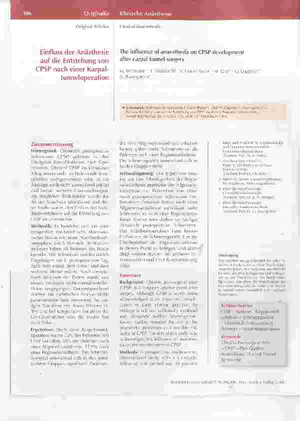 Vorschauseite 1: Einfluss der Anästhesie auf die Entstehung von CPSP nach einer Karpaltunneloperation