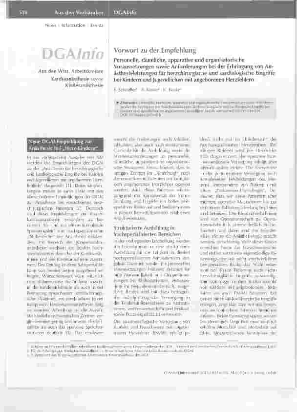 Vorschauseite 1: Vorwort zu der Empfehlung Personelle, räumliche, apparative und organisatorische Voraussetzungen sowie Anforderungen bei der Erbringung von Anästhesieleistungen für herzchirurgisc…