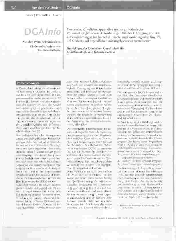 Vorschauseite 3: Vorwort zu der Empfehlung Personelle, räumliche, apparative und organisatorische Voraussetzungen sowie Anforderungen bei der Erbringung von Anästhesieleistungen für herzchirurgisc…