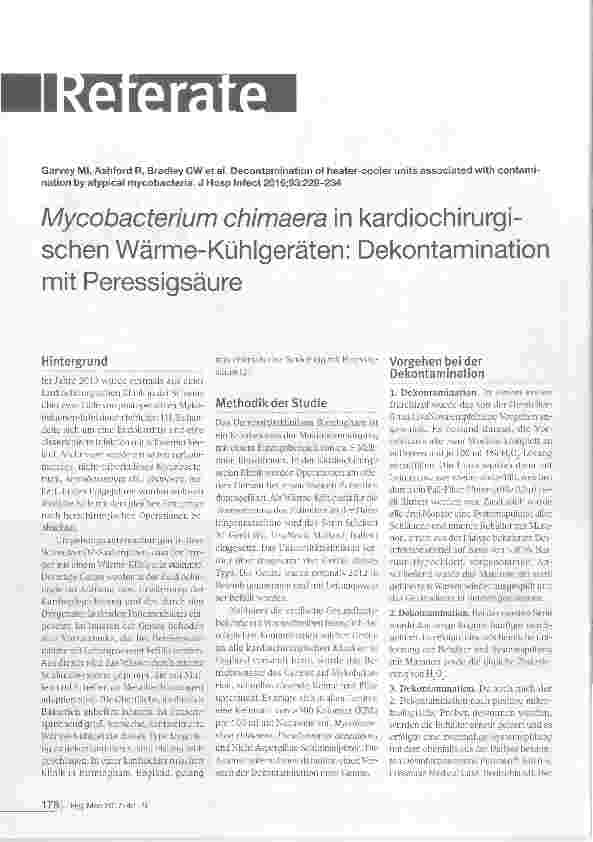 Vorschauseite 1: Mycobacterium chimaera in kardiochirurgischen Wärme-Kühlgeräten: Dekontamination mit Peressigsäure