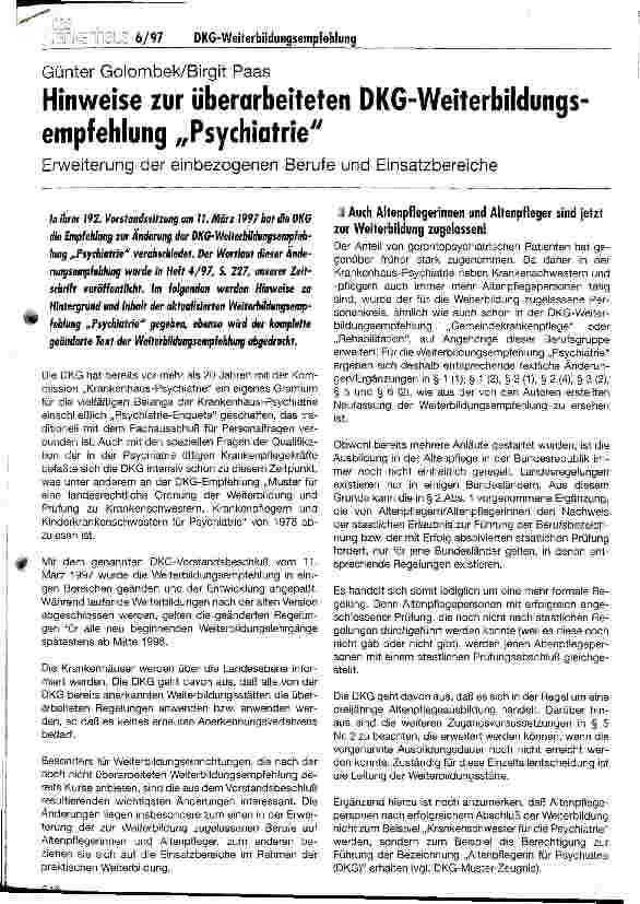Vorschauseite 1: Hinweise zur überarbeiteten DKG-Weiterbildungsempfehlung Psychiatrie
