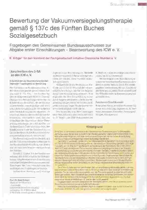 Vorschauseite 1: Bewertung der Vakuumversiegelungstherapie gemäß § 137c des Fünften Buches Sozialgesetzbuch