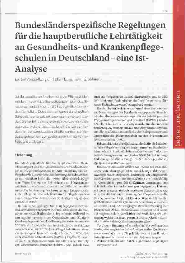 Vorschauseite 1: Bundesländerspezifische Regelungen für die hauptberufliche Lehrtätigkeit an Gesundheitsund Krankenpflegeschulen in Deutschland eine Ist-Analyse