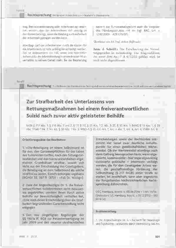 Vorschauseite 1: Zur Strafbarkeit des Unterlassens von Rettungsmaßnahmen bei einem freiverantwortlichenSuizid nach zuvor aktiv geleisteter Beihilfe