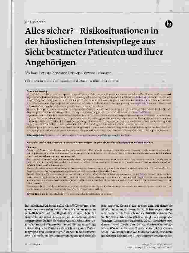 Vorschauseite 1: Alles sicher? Risikosituationen in der häuslichen Intensivpflege aus Sicht beatmeter Patienten und ihrer Angehörigen