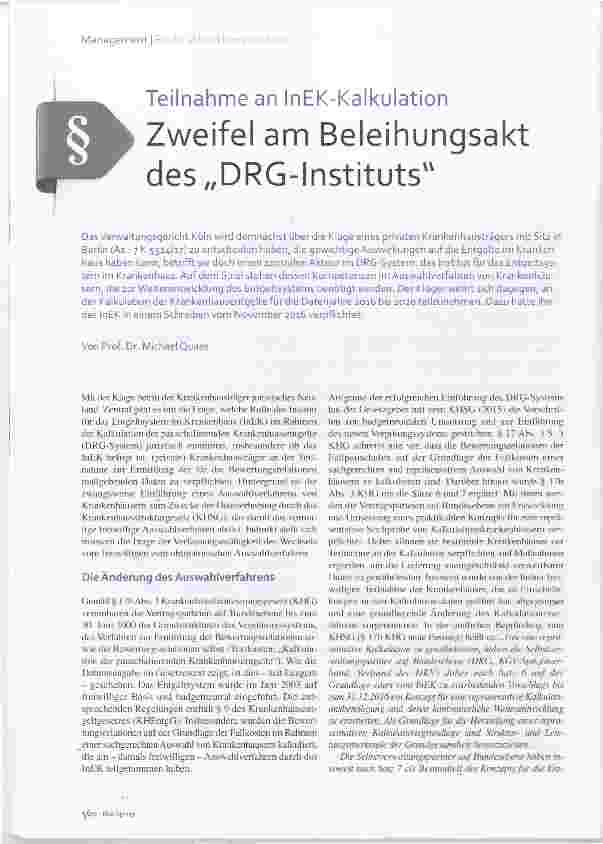 Vorschauseite 1: Teilnahme an InEK-Kalkulation Zweifel am Beleihungsakt des „DRG-Instituts“