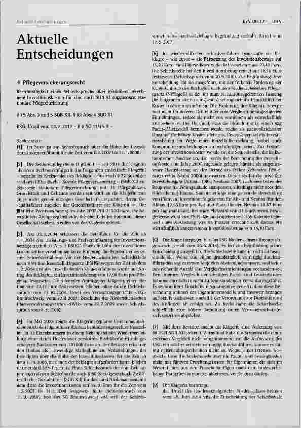 Vorschauseite 1: Rechtmäßigkeit eines Schiedsspruchs über gesondert berechnete Investitionskosten für eine nach SGB XI zugelassene stationäre Pflegeeinrichtung