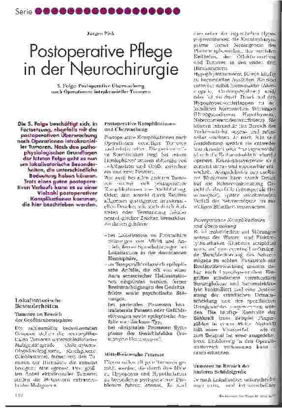 Vorschauseite 1: Postoperative Pflege in der Neurochirurgie 5. Folge: Postoperative Überwachung nach Operationen intrakranieller Tumoren