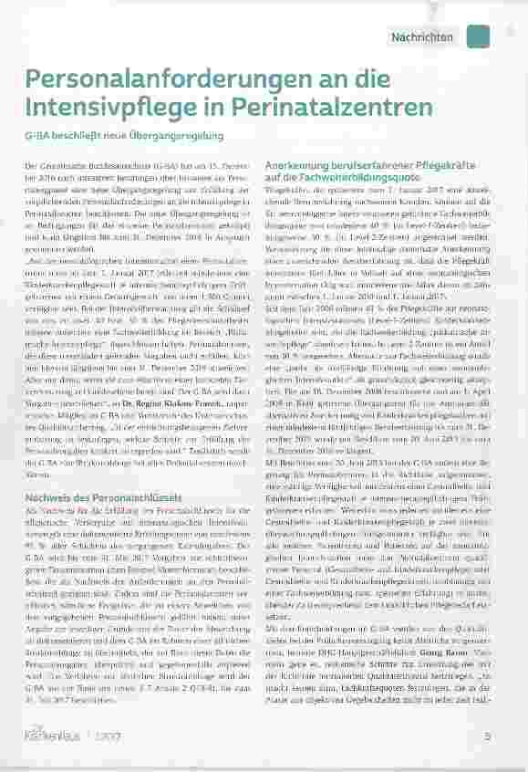 Vorschauseite 1: Personalanforderungen an die Intensivpflege in Perinatalzentren