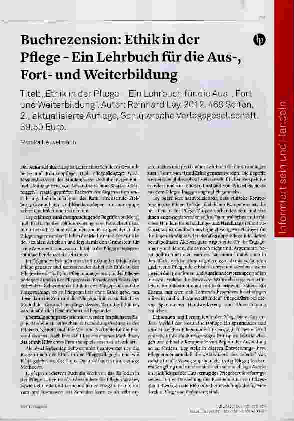 Vorschauseite 1: Buchrezension: Ethik in der Pflege Ein Lehrbuch für die Aus-, Fortund Weiterbildung
