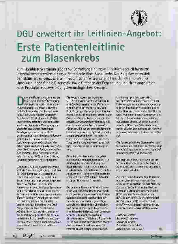 Vorschauseite 1: Erste Patientenleitlinie zum Blasenkrebs