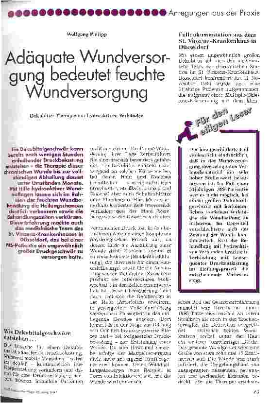 Vorschauseite 1: Adäquate Wundversorgung bedeutet feuchte Wundversorgung Dekubitus-Therapie mit hydroaktiven Verbänden