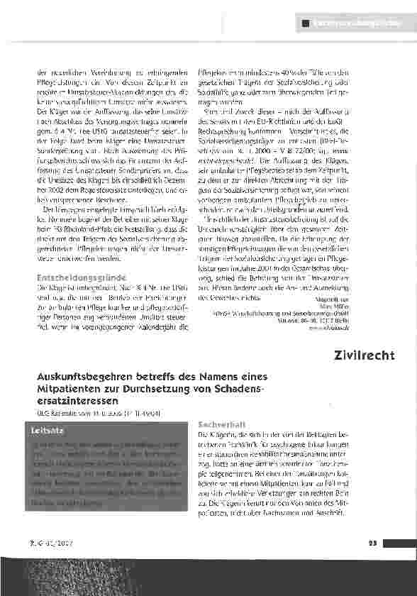 Vorschauseite 1: Auskunftsbegehren betreffs des Hamens eines Mitpatienten zur Durchsetzung von Schadensersatzinteressen