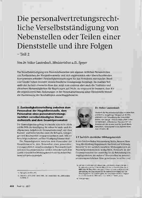 Vorschauseite 1: Die personalvertretungsrechtliche Verselbstständigung von Nebenstellen oder Teilen einer Dienststelle und ihre Folgen - Teil 2